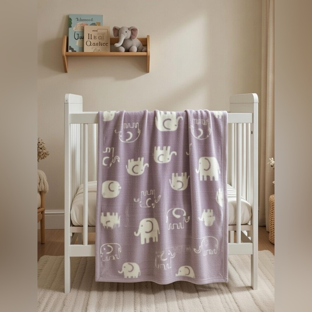 English Home Purple Baby Blanket White Elephant Print 35x47 Cotton Blend Turkish